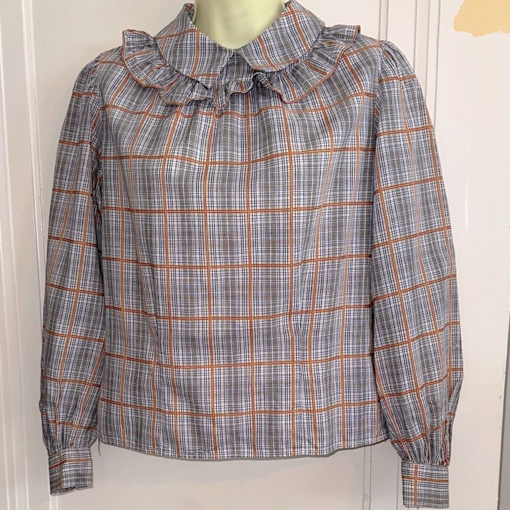 Vintage 70s/80s Handmade Prairie Look‎ Plaid Ruffle Neck Collar Blouse
